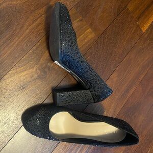 Black embellished block heels